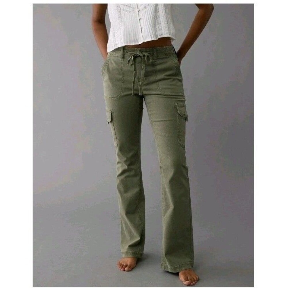 American Eagle Womens Classic Bootcut Cargo Pants Olive Green Stretch Sz 2 Long
